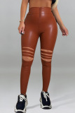 Brown Street Solid Ripped Patchwork Regular High Waist Pencil Solid Color Bottoms