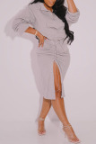 Grey Fashion Casual Solid Slit Fold Long Sleeve Two Pieces