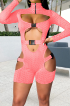 Pink Sexy Solid Hollowed Out Turndown Collar Skinny Rompers