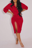 Red Fashion Casual Solid Slit Fold Long Sleeve Two Pieces