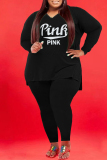 Pink Fashion Casual Letter Print Slit V Neck Plus Size Two Pieces