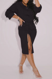 Black Fashion Casual Solid Slit Fold Long Sleeve Two Pieces