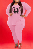 Pink Fashion Casual Letter Print Slit V Neck Plus Size Two Pieces