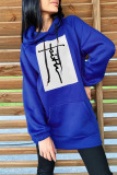 Blue Fashion Casual Print Patchwork Hooded Collar Tops