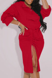 Red Fashion Casual Solid Slit Fold Long Sleeve Two Pieces