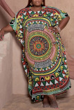 Khaki Fashion Casual Plus Size Print Basic O Neck Long Dress