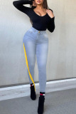Black Fashion Street Solid Tassel High Waist Denim Jeans