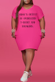 Pink Casual Print Split Joint V Neck Straight Plus Size Dresses