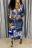 Deep Blue Sexy Casual Print Basic Zipper Collar Long Sleeve Dresses