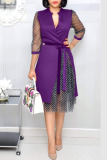 Purple Fashion Street Polka Dot Patchwork V Neck A Line Dresses