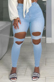 Medium Blue Fashion Street Solid Ripped Plus Size Jeans