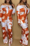 Orange Fashion Casual Print Backless Off the Shoulder Regular Jumpsuits