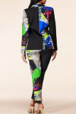 Black Casual Print Split Joint Turndown Collar Long Sleeve Two Pieces