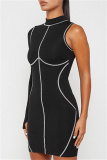 Black Fashion Sexy Patchwork Asymmetrical Half A Turtleneck Long Sleeve Dresses