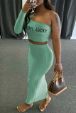 Green Sexy Casual Letter Print Backless Oblique Collar Long Sleeve Two Pieces