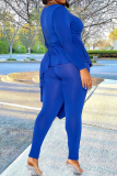 Blue Sexy Solid Flounce V Neck Plus Size Two Pieces