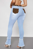 Baby Blue Fashion Street Patchwork Ripped High Waist Denim Jeans