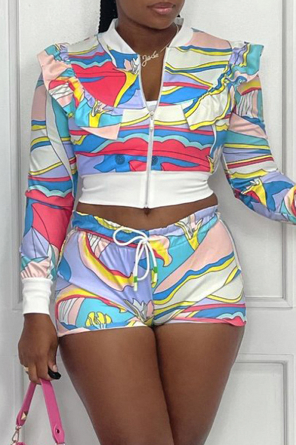 Colour Fashion Casual Print Patchwork Zipper Collar Long Sleeve Two Pieces