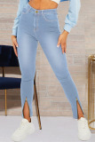 Medium Blue Fashion Street Solid Slit Plus Size Jeans