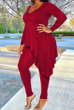 Red Sexy Solid Flounce V Neck Plus Size Two Pieces