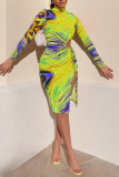 Yellow Sexy Print Hollowed Out Half A Turtleneck Pencil Skirt Dresses