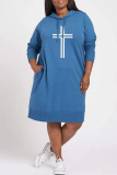 Blue Casual Print Split Joint Hooded Collar Long Sleeve Dresses