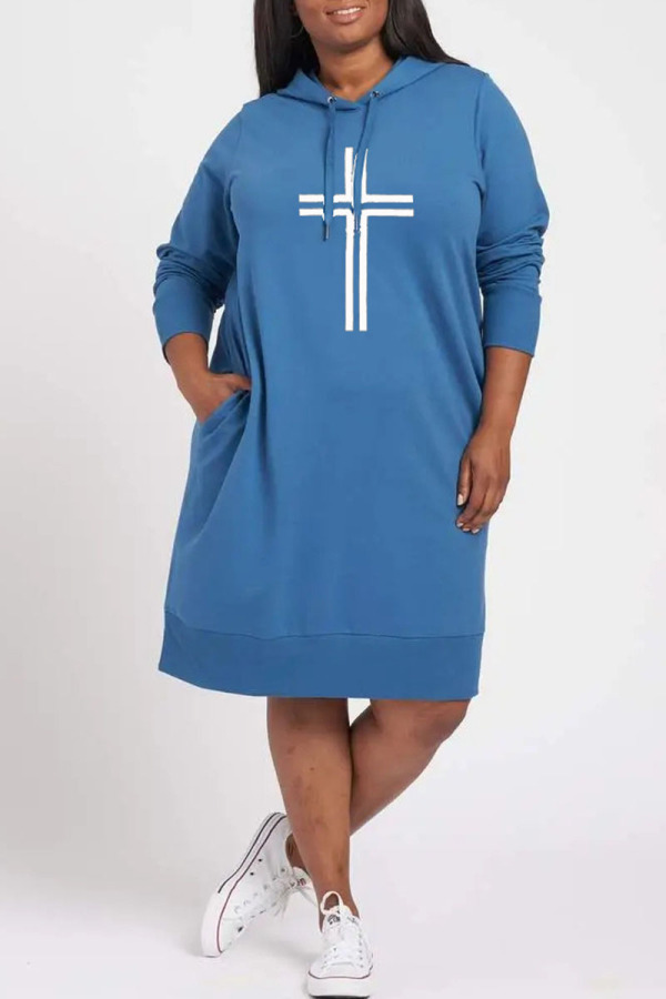Blue Casual Print Split Joint Hooded Collar Long Sleeve Dresses