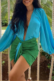 Turquoise Fashion Sexy Solid Frenulum Asymmetrical V Neck Long Sleeve Two Pieces