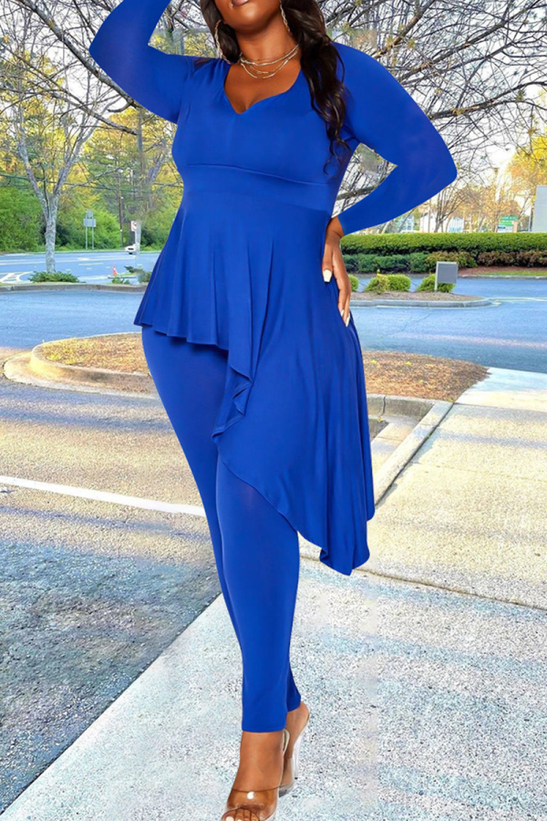 Blue Sexy Solid Flounce V Neck Plus Size Two Pieces