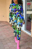 Colour Fashion Casual Print Basic O Neck Long Sleeve Two Pieces