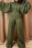 Green Casual Solid Split Joint Turndown Collar Straight Jumpsuits