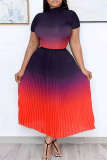 Red Fashion Casual Gradual Change Print O Neck Pleated Skirt Plus Size Two Pieces
