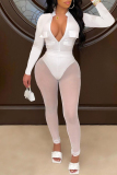 White Fashion Sexy Solid Patchwork See-through Zipper Collar Long Sleeve Two Pieces