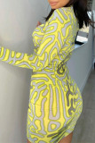 Yellow Sexy Print Patchwork Mandarin Collar Pencil Skirt Dresses