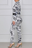 White Fashion Street Print Patchwork Turndown Collar Jumpsuits