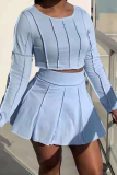 Baby Blue Casual Solid Split Joint O Neck Long Sleeve Two Pieces