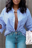 Blue Fashion Casual Striped Print Cardigan Turndown Collar Tops