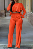 Orange Fashion Casual Solid Patchwork O Neck Long Sleeve Two Pieces