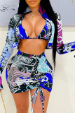 Blue Sexy Print Split Joint Turndown Collar Long Sleeve Two Pieces