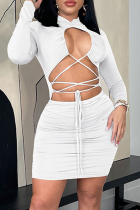 White Sexy Solid Bandage Hollowed Out Half A Turtleneck Long Sleeve Dresses