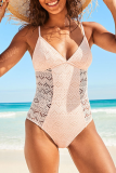 White Sexy Solid Lace Patchwork Swimwears