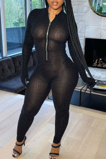 Black Sexy Solid Patchwork Zipper Collar Skinny Jumpsuits