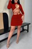 Red Sexy Solid Bandage Hollowed Out Half A Turtleneck Long Sleeve Dresses