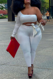 White Sexy Solid Patchwork One Shoulder Plus Size Jumpsuits