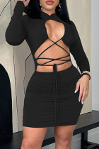 Black Sexy Solid Bandage Hollowed Out Half A Turtleneck Long Sleeve Dresses