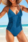 Tibetan Blue Sexy Solid Lace Patchwork Swimwears