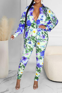 Blue Sexy Print Patchwork Turndown Collar Long Sleeve Two Pieces