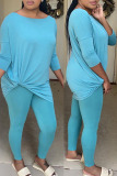 Blue Fashion Sexy Solid Split Joint O Neck Long Sleeve Two Pieces