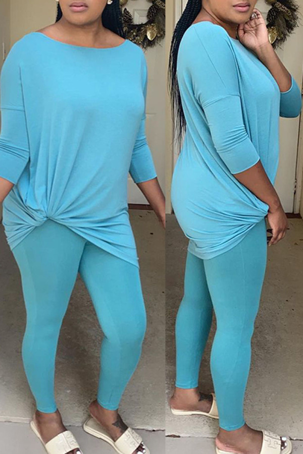 Blue Fashion Sexy Solid Split Joint O Neck Long Sleeve Two Pieces