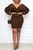 Khaki Fashion Casual Striped Print Basic V Neck Long Sleeve Plus Size Dresses